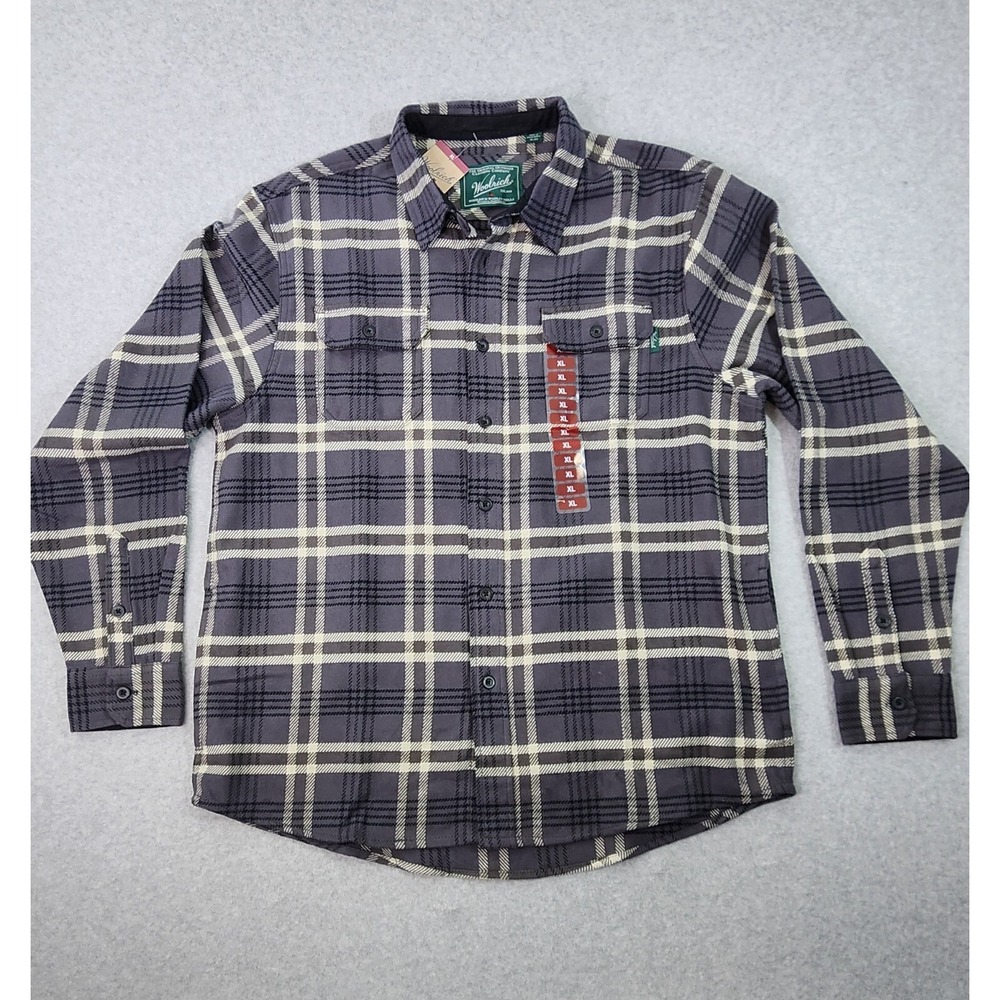 Woolrich Brawny Flannel Shirt Men Size XL Heavy Shacket Major Gray Plaid Pockets